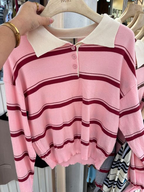 Knitted Collar Down Stripes Sweaters
